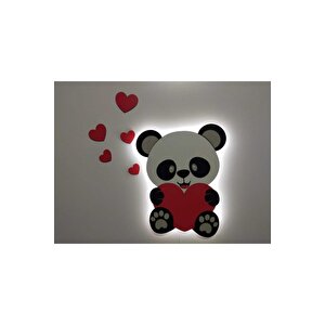 Beyaz Çocuk Odası Dekoratif Ahşap Işıklı Kalpli Panda Gece Lambası Ledli Aydınlatma Seti