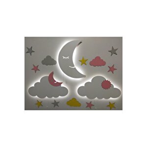 Işıklı Isimli Ay Bulut 2 Li Ahşap Gece Lambası Ledli Dekoratif Aydınlatma Çocuk Odası