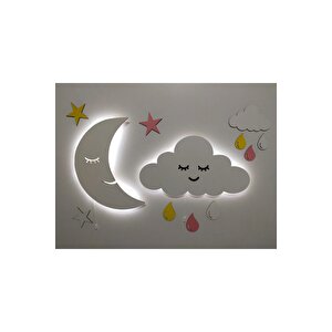 Işıklı Ay Bulut Ahşap Gece Lambası Ledli Dekoratif Aydınlatma Çocuk Odası