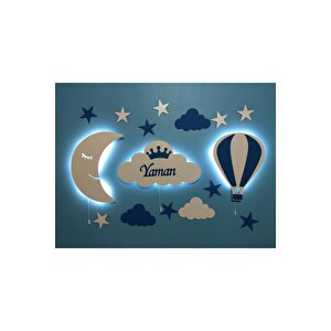 Çocuk Odası Dekoratif Ahşap Ay Bulut Balon Gece Lambası Ledli Aydınlatma