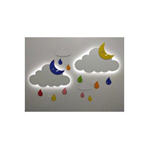 Işıklı Isimli Bulut 2 Li Ahşap Gece Lambası Ledli Dekoratif Aydınlatma Çocuk Odası