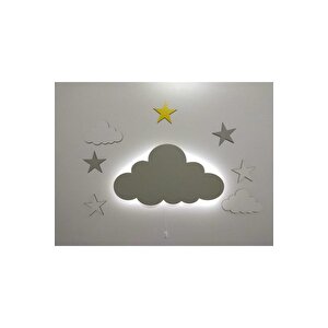 Çocuk Odası Dekoratif Ahşap Isimli Işıklı Bulut Gece Lambası Ledli Aydınlatma Seti