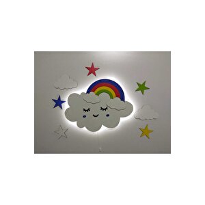 Çocuk Odası Dekoratif Ahşap Işıklı Gökkuşağı Bulut Gece Lambası Ledli Aydınlatma Seti