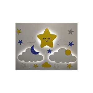 Işıklı Sevimli Yıldız Bulut 2 Li Isimli Ahşap Gece Lambası Ledli Dekoratif Aydınlatma Çocuk Odası
