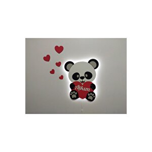 Aşkım Hediyelik Ahşap Işıklı Kalpli Panda Gece Lambası Ledli Dekoratif Aydınlatma