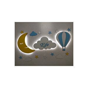 Ay Dede İsimli Bulut Balon Ahşap Gece Lambası Ledli Dekoratif Aydınlatma Çocuk Odası