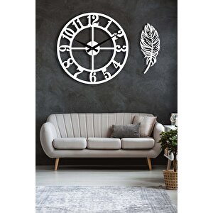 Dekoratif Beyaz Duvar Saati + Yaprak Tablo