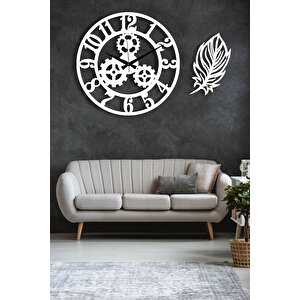 Dekoratif Beyaz Duvar Saati + Yapraklı Tablo