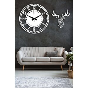 Dekoratif Beyaz Duvar Saati + Geyikli Tablo