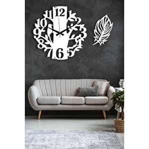 Dekoratif Beyaz Duvar Saati + Yaprak Tablo