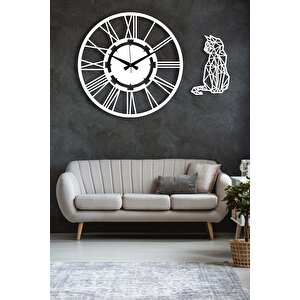 Dekoratif Beyaz Duvar Saati + Kedi Tablo