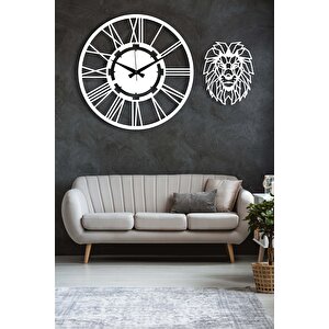 Dekoratif Beyaz Duvar Saati + Aslan Tablo