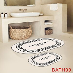 Bathroom Yazılı Banyo Paspası, Krem Renk Paspas, Oval Paspas, Kaymaz Taban,2'li Klozet Takımı