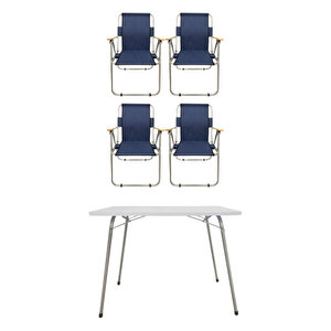 4 Adet Ahşap Kollu Kamp Sandalyesi Lacivert Ve 1 Adet 80x60 Cm Katlanır Masa Kamp Masası Beyaz