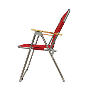 2 Adet Ahşap Kollu Kamp Sandalyesi Kırmızı Ve 1 Adet 80x60 Katlanır Kamp Masası Beyaz