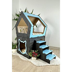 Ahşap Büyük Kedi Evi Xxl Açık Teraslı Model 5 Kg Üstü Kediler İçin Mavi Siyah Renk