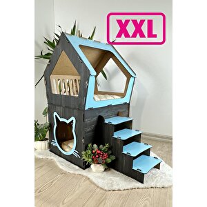 Ahşap Büyük Kedi Evi Xxl Açık Teraslı Model 5 Kg Üstü Kediler İçin Mavi Siyah Renk