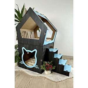 Ahşap Büyük Kedi Evi Xxl Açık Teraslı Model 5 Kg Üstü Kediler İçin Mavi Siyah Renk
