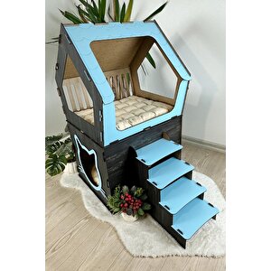 Mavitrend Ahşap Büyük Kedi Evi Xxl Açık Teraslı Model 5 Kg Üstü Kediler İçin Mavi Siyah Renk