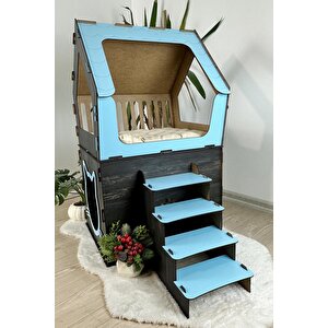Mavitrend Ahşap Büyük Kedi Evi Xxl Açık Teraslı Model 5 Kg Üstü Kediler İçin Mavi Siyah Renk
