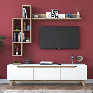 Rani D1 Duvar Raflı Tv Ünitesi Kitaplıklı Tv Sehpası Duvara Monte Raflı Modern Ayaklı 180 Cm Beyaz - Sepet Ceviz M16