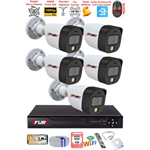 5 Kameralı 5mp Lens 2 Mp Görüntü Gece Renkli Full Hd Ultra Led Akıllı Güvenlik Kamerası Seti 500gb