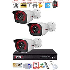 Fury 3 Kamera Geniş Açı 1080p Full Hd Görüntü 36 Led Gece Görüşlü-su Geçirmez  Güvenlik Kamera Seti 500gb