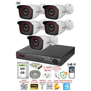 5 Kameralı 5mp 3.6mm Lens 2mp Görüntü 36 Led Gece Görüşlü Full Hd Güvenlik Kamerası 2236 500 Gb