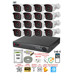 16 Kameralı 5mp 3.6mm Lens 2mp Görüntü 36 Led Gece Görüşlü Full Hd Güvenlik Kamerası 2236 500 Gb