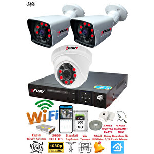 3 Kameralı 5mp 3.6mm Lens 2mp Görüntü 6 Atom Led Gece Görüşlü Fullhd Güvenlik Kamerası 5525di 500gb