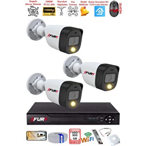 3 Kameralı 5mp Lens 2 Mp Görüntü Gece Renkli Full Hd Ultra Led Akıllı Güvenlik Kamerası Seti 500gb