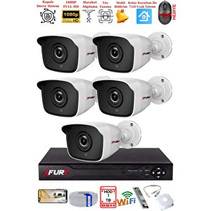 Fury 5 Kamera Geniş Açı 1080p Full Hd Görüntü 36 Led Gece Görüşlü-su Geçirmez  Güvenlik Kamera Seti 1tb