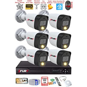 6 Kameralı 5mp Lens 2 Mp Görüntü Gece Renkli Full Hd Ultra Led Akıllı Güvenlik Kamerası Seti 500gb
