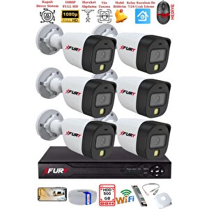 6 Kameralı 5mp Lens 2 Mp Görüntü Gece Renkli Full Hd Ultra Led Akıllı Güvenlik Kamerası Seti 500gb