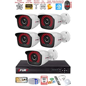 Fury 5 Kamera Geniş Açı 1080p Full Hd Görüntü 36 Led Gece Görüşlü-su Geçirmez  Güvenlik Kamera Seti 500gb