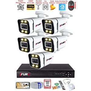 Fury 5 Kameralı 1080p Görüntü Gece Renkli Full Hd 4 X Ultra Led Gece Renkli Güvenlik Kamerası Seti 320gb