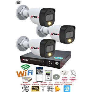 Fury 3 Kameralı 1080p 2mp Görüntü Gece Renkli Full Hd Ultra Led Gece Renkli Güvenlik Kamerası Seti 500gb