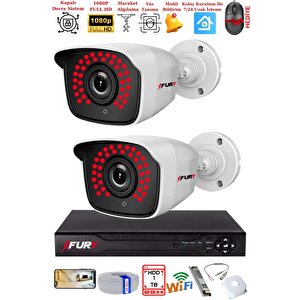 Fury 2 Kamera Geniş Açı 1080p Full Hd Görüntü 36 Led Gece Görüşlü-su Geçirmez  Güvenlik Kamera Seti 1tb