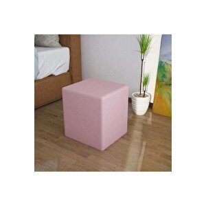 Kare Puf Ahşap İskelet Pembe Taytüyü Kadifemsi Kumaş Pudra Pembe