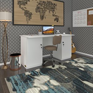 Kenzlife Ofis Masası Kuma Kengo Beyaz 75x150x80 Kilitli Kapaklı Dolap Çiftli Eşkenar Bilgisayar Çalışma Masası