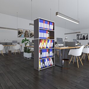 Klasörlük Raflı Rona Gri 175*80*30 Kitaplık Ofis Arkalıksız Beyaz