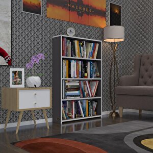 Kitaplık Süper Ga 120*80*19 Gri 4 Katlı Tek Bölme Ofis Mutfak Banyo Dolabı Arkalıksız Beyaz