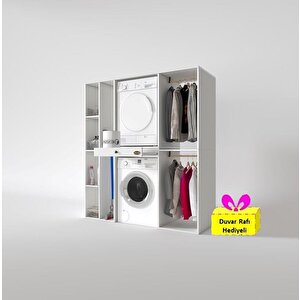 Çamaşır-kurutma Makinesi Dolabı Ve Giysi Dolabı Çekmeceli Hattab Sol Raf Beyaz 187x160x60  + Tekli Duvar Rafı Hediye