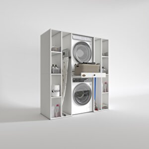 Çamaşır-kurutma Makinesi Dolabı Sadra Beyaz 187x170x60 Çekmeceli Raflı Banyo