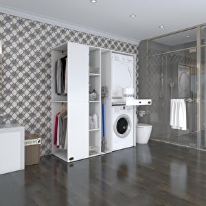 Çamaşır-kurutma Makinesi Dolabı Ve Giysi Dolabı Çekmeceli Attar Sol Beyaz 187x160x60  Banyo