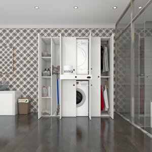 Çamaşır-kurutma Makinesi Dolabı Ve Giysi Dolabı Çekmeceli Ebuzer Sol Raf Beyaz 187x160x60  % 100 Full Mdf