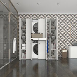 Çamaşır-kurutma Makinesi Dolabı Nazzam Beyaz 187x170x60 Çekmeceli Raflı Banyo