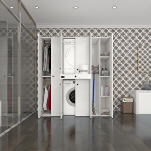Çamaşır-kurutma Makinesi Dolabı Ve Giysi Dolabı Çekmeceli Ebuzer Sağ Raf Beyaz 187x160x60  % 100 Full Mdf