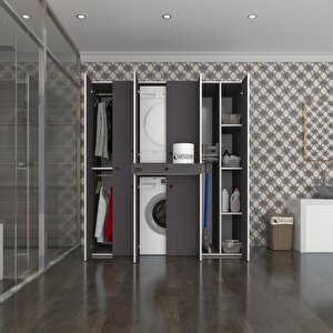 Çamaşır-kurutma Makinesi Dolabı Ve Giysi Dolabı Çekmeceli Ebuzer Sağ Raf Gri 187x160x60  Banyo