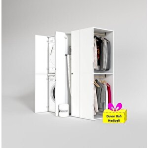 Kenzlife Çamaşır-kurutma Makinesi Dolabı Ve Giysi Dolabı Bistami Sağ Beyaz 180x160x60  + Tekli Duvar Rafı Hediye